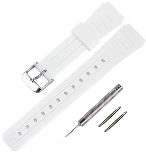Ersatz-Armband aus TPU für Casio F-91W/F-84/F-94/F-105/F-108/A-158, Armbänder für Damen und Herren (White/Silver Buckle)
