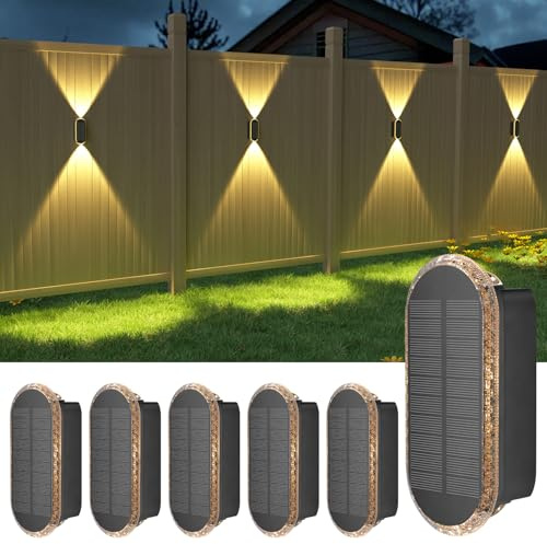 Ellasay Solar Fence Lights Outdoor: 6-Pack Solar Powered Wall Lights Up and Down Waterproof IP65-3 Color Brighter LED Focus Lens SolarLights Dusk to Dawn 12h for Patio/Backyard/Porch/Railing