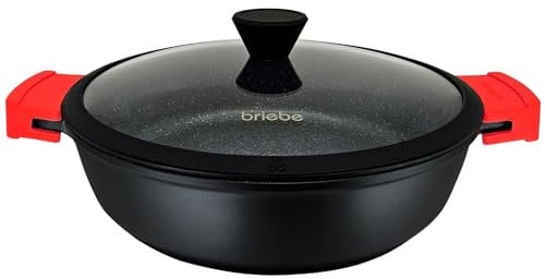 briebe Black Titanium Cacerola Baja de Cocina Inducción Antiadherente Titanio, Cazuela 24cm, Aluminio Fundido, Recubrimiento sin PFOA, Tapa Cristal, Asas Silicona, Vitrocerámica, Gas, Horno