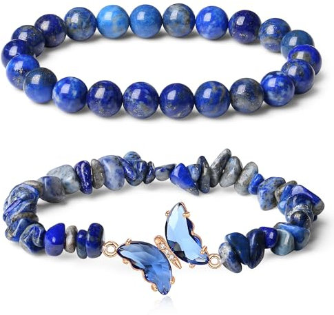 ZephyrHome 2er Set blauer Kristall Armband Set mit Schmetterlingsanhänger, für Damen,Personalisiertes einfaches ,Stretchbares Perlenarmband mit 8mm Blau, Geschenk für Geburtstag und Valentinstag