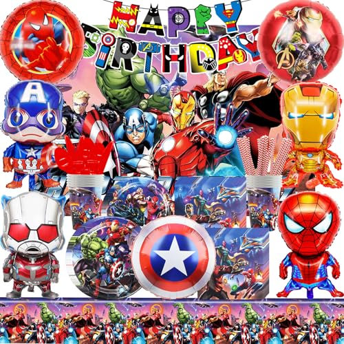 HTTMTTS 110 PCS Superhe Stoviglie Compleanno, Avenger Compleanno, Set Compleanno Bambino, Piatti Tazze, Tovaglioli, Tovaglie, Palloncini, Cannuccia, striscioni di compleanno, Kit Compleanno
