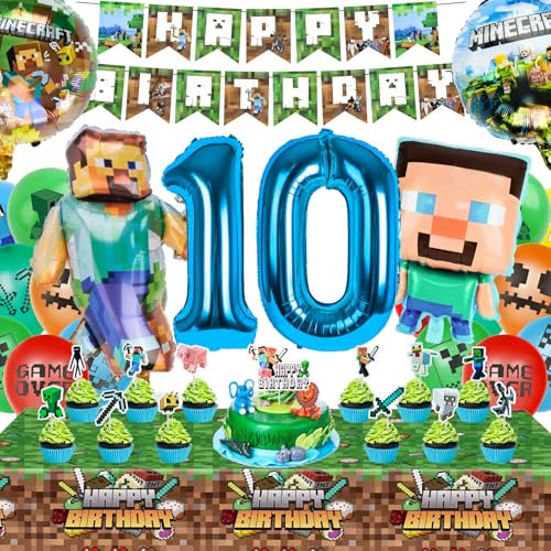 WuGU Decoration Anniversaire 10 Ans, 42 Pcs Kit de Décoration de Fête d'Anniversaire, Anniversaire Décoration de Fête, Bannières d'Anniversaire, Ballon en Aluminium, Ballons, Nappes, Decoration Gateau