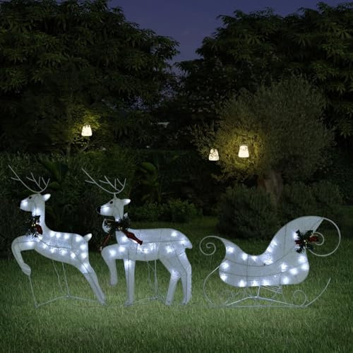 IKAYAA LED-Rentier mit Schlitten, Außen Weihnachtsdeko, Beleuchtete Rentier Weihnachtsfigur mit 60 Kaltweiß Lichtern, Weihnachtsbeleuchtung, Weihnachtsdekoration für Außen und Innen