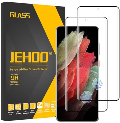 JEHOO 2 Pièces pour Samsung Galaxy S21 Ultra Verre Trempé, Compatible avec Lecteur d’Empreinte [Sans Bulles] [Dureté 9H] [Antichoc Anti Rayure Vitre] Film de Protection Écran
