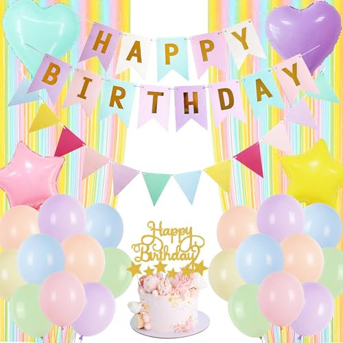 Pastel Birthday Party Decoration Backdrop - Happy Birthday Banner Decorations Set Girls Women, Rainbow Tinsel Curtain Cake Toppers Pennants Bunting for Girl Party Background Supplies