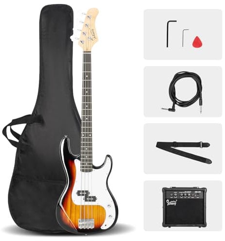 Glarry Electric Bass Guitar Kit for Beginners, Full Size 4/4 Bass with 20W amplifier and Bag, Cable, Strap, Strings - Ideal Starter Set for Beginner - Sunset Color