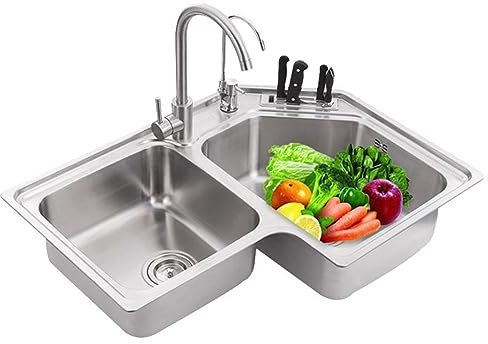 JKJZSALJ Eckspüle mit zwei Becken aus Edelstahl, Einbau-Küchenspüle, Einbauspüle mit Aufbewahrungsöffnung für Zerkleinerer, Kita, 800 x 590 x 180 mm