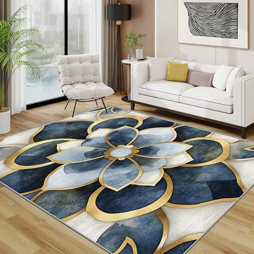 TerroVee Blumen Teppich, Geometrisch Blumig Teppiche rutschfest Waschbar Weich, Luxus Blau Gold Wohnzimmerteppich Schlafzimmer Jugendzimmer, 120x180 cm, Blau Gold