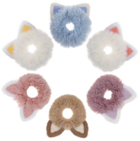 HAMPPLIES 6Er Set Flauschige Haargummis Mit Katzenohren Elastische Haargummis Für Pferdeschwanz Dutt Und Halb Hoch Für Lockiges Oder Glattes Haar Als Haarband Am Handgelenk Tragbar