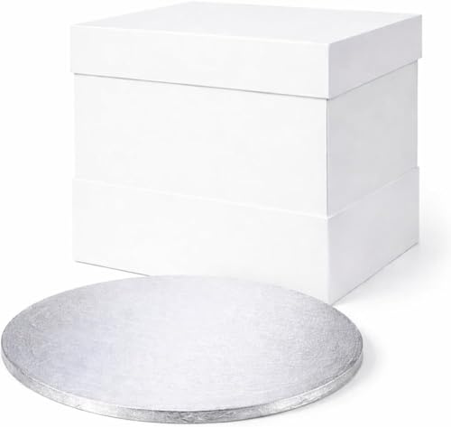 FALGUN Premium 12 White Cake Box + 16 Extra Tall Extension Card + 12 Thick Round Silver Cake-Board | Thick Cake-Board Drum & Tall 16 Cake Box Set | For Tiered or Decorated Transport - 12 Inch