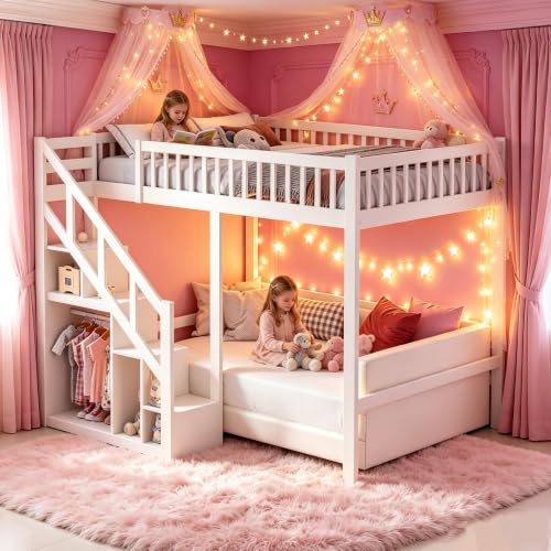 Kinderbett Etagenbett 90x200cm, Kinderbett Hochbett 90x200 mit Treppe & Aufbewahrungsschrank, stockbett für 2 Kinder doppelstockbett 90x200 Jugendhochbett mit Gitter und Rausfallschutz, Massivholz