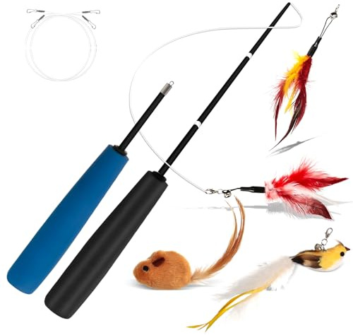 VINATO Canne à Pêche pour Chat Télescopique, Jouet Interactif avec 4 Têtes de Rechange (Oiseau à Clochette, Souris, Plumes), Jeu pour Chat d'Intérieur pour Stimuler l'Instinct de Chasse
