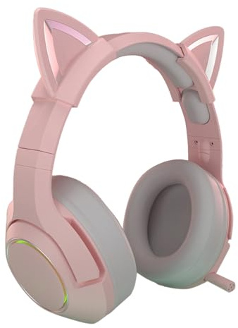 Casque de jeu avec micro, écouteurs détachables avec oreilles de chat, design oreilles de chat avec éclairage RVB, casque serre-tête réglable, son surround 7.1, casque léger sur (Version prise USB