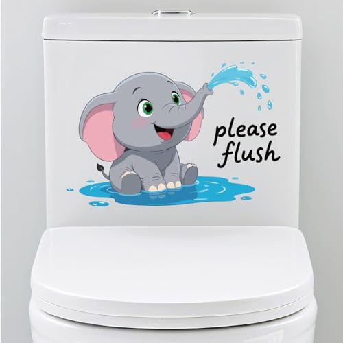 PRESSINART Animal Toilet Sticker Elephant Please Flush Toilet Decal Funny PVC Self-Adhesive Removable Waterproof Wall Decals for Bathroom Cistern Restroom Washroom Window Glass DIY Decor Accessories