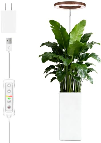 beautiebeam Wachstumslampe für Zimmerpflanzen LED Grow Light Full Spectrum,35~155cm Wachstumslampe höhenverstellbar,8/12/16Stunden Timer,10 Helligkeitsstufen,5V Adapter,Aluminium-Walnuss-Holzoptik