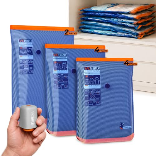 Vacbird Große Vakuumbeutel für Kleidung mit Pumpe für Kleiderschrank | 10 Stück, 4500 Pa Saugleistung, kabellose Akku-Pumpe, erweiterbarer Boden, mehr Volumen, ideal für Umzug & dicke Kleidung