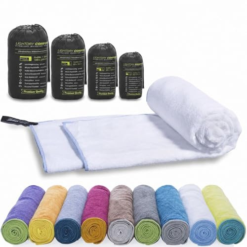 LightDry® Mikrofaser Badetuch 200x100cm, schnelltrocknendes Reisehandtuch | Nie wieder nasses Reisegepäck, extrem saugstarkes Sporthandtuch, angenehme Frottee-Haptik, ultraleichtes Packmaß, Weiß