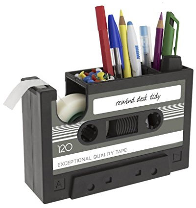Petite Fortune Créatif Pot à Crayons Forme Cassette Rétro Dérouleur Dévidoir de Scotch Organiseur Bureau Mulit-Fonctionnel Boîte de Stylos Pot à Pinceaux de Maquillage, offrir 1 Rouleau de Scotch