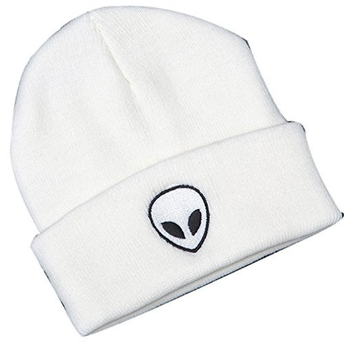 Belsen Damen Winter Wollmütze Hip Hop Strickmütze Totenkopf Mütze Gr. Einheitsgröße, Alien Weiß