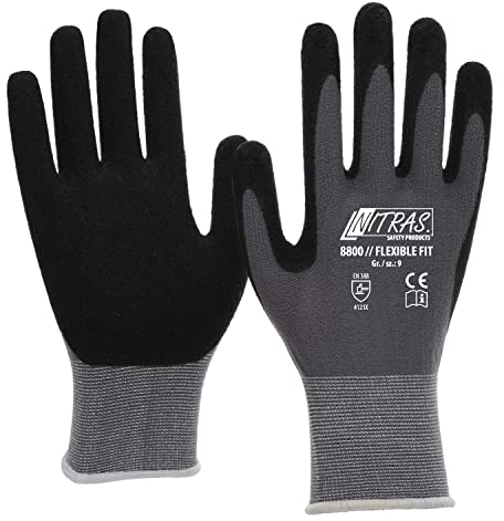 NITRAS 8800 Flexible Fit Allroundhandschuhe Gartenhandschuhe, hohe Abriebfestigkeit, sehr guter Grip- VPE 12 Paar, Größe:7, Schwarz/Grau