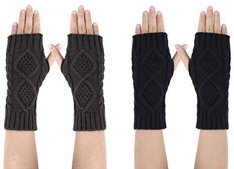 MaoXinTek Damen Fingerlos Handschuhe Halb Fäustlinge für Winter, Wärmer Strick Kurzer Gestrickte Fingerlose Armstulpen mit Daumenloch, Schwarz/Grau 2 Paar