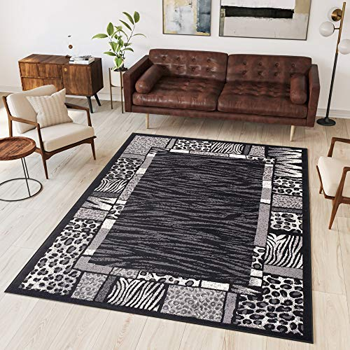 TAPISO Dream Teppich Wohnzimmer Modern Kurzflor Grau Schwarz Creme Afrika Jaguar Zebra Tiermotiv Meliert Bordüre Schlafzimmer ÖKOTEX 200 x 300 cm