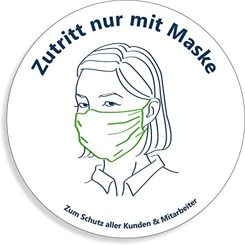 2 Stück Hinweis Aufkleber | Zutritt nur mit Maske - Mit Piktogramm | PVC Warnhinweis UV-beständig und wasserfest | Rund 15 cm | für Außen und Innen geeignet | Corona Warnschild