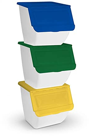 TIENDA EURASIA® Cubo de Basura para Reciclaje - Pack 3 Cubos de Basura de Cocina para Reciclar Apilables - 36L - (Papel - Vidrio - Plástico) (Blanco)