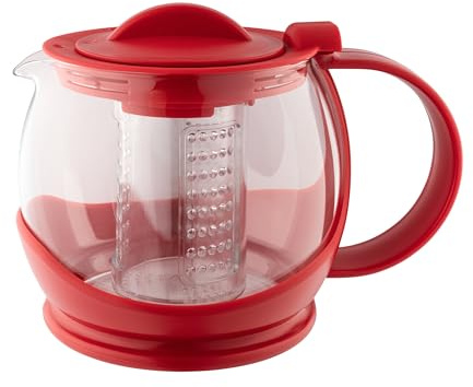 Café Olé Shut Off Teapot, Red, 1200ml / 42oz / 4-6 Cups, Clear Glass Body, Plastic Casing, Infuser Basket Teapot, Loose Leaf Strainer, Dishwasher Safe