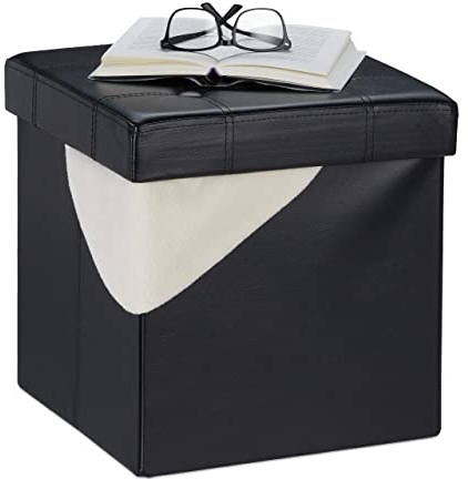 Relaxdays Sitzhocker mit Stauraum, faltbar, gepolstert, Kunstleder, 40 l, Sitzwürfel HxBxT 38 x 37 x 37 cm, schwarz