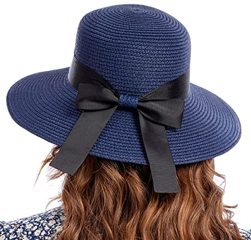 PINKGIRL Chapeau de Soleil en Paille pour Femme Été Bowknot Beach Chapeaux Pliables Protection UV UPF50+ (Bleu Marine)