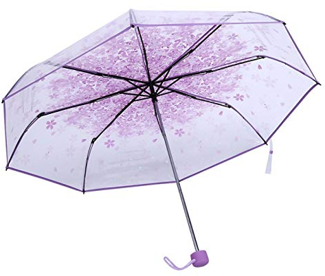 Fdit Gedruckter Kirschblüten-Muster-Transparenter Faltender Regenschirm - Romantischer Moderner Prinzessin-Schirm Mit Starkem Aluminium-Griff (Violett)