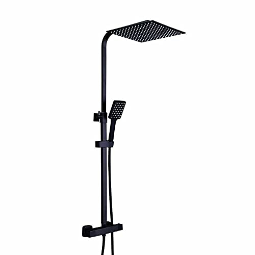 Système de douche thermostatique - Colonne de douche carrée - 38 °C - Douchette de tête carrée de 12 - Kit de douche à effet pluie avec douchette multifonction sans robinet.
