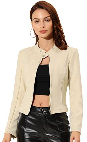 Allegra K Mujer Chaqueta de ante Sintético Cremallera Crop Biker Moto
