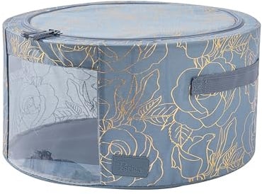 Periea 'Abby' Round Home Storage Boxes with Zip Lids, Front Window & Folding Steel Frame (Metallic Floral, Small)