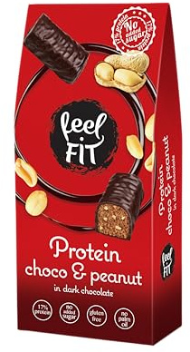 Feel FIT Protein Choco & Peanut, pralines protéinées au chocolat noir belge sans sucre, friandises protéinées sans sucre, 17% de protéines, snacks protéinés, 4 x 83 g