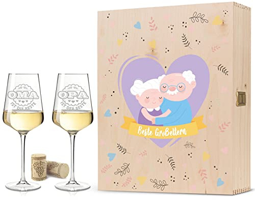 GRAVURZEILE Leonardo Weingläser mit Gravur inkl. bedruckter Holzkiste - Oma ist die Beste & Opa ist der Beste - Geschenk für die Großeltern zu Weihnachten oder Geburtstag - Farbe: Große Kiste UV