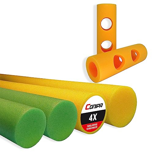 Conipa® - 4 Stück Schwimmnudel (160 x 7 cm) Kinder & Erwachsene INKL. 6 x Loch-VERBINDER (Schaumstoff) - Poolnudel Set ab 3-10 Jahre (Made IN Europe) - Pool Wassernudel (2 x Grün + 2 x Gelb)