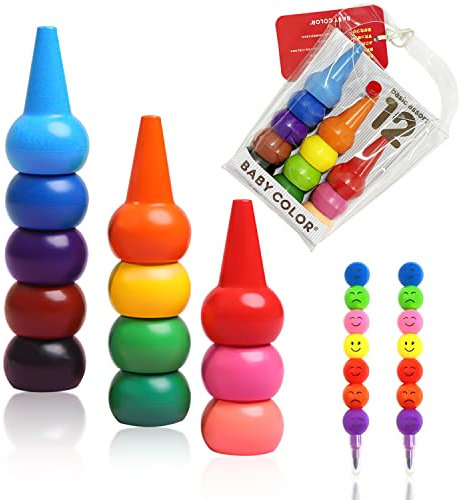BEIIEB 12 couleurs bébé enfants crayons,crayons de doigt couleur créatifs empilables avec 2 crayons graffiti en forme de calebasse de 7 couleurs pour le bain, la peinture ect