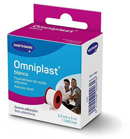 OMNIPLAST, Esparadrapo de Tela Resistente, Pre-Tape para la Sujeción de Apósitos y Vendajes, Espadrapo Hipoalargénico y Resistente al Agua, Cinta Quirurgica, Tela Color Blanca (2,5cm x 5m)