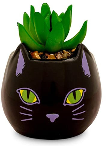 Disney Hocus Pocus Binx is My Boo, mini fioriera in ceramica da 7,6 cm con piante grasse artificiali, piccolo vaso per fiori per artigianato, piante finte da interno per scrivania, vassoio decorativo