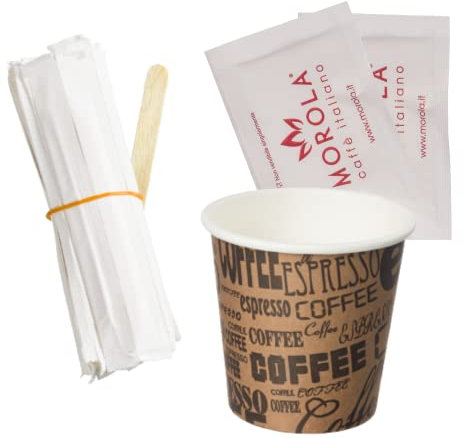 Morola Caffè Italiano - Kit Caffè 450pz in Carta - 150 Bicchierini da 75 ml in Carta - 150 Bustine di Zucchero Bianco - 150 Palette in Legno
