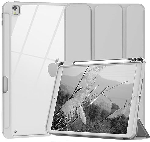 Xkladz Case Compatible with iPad Air 3rd Generation, iPad Pro 10.5 inch 2017 Case with Pencil Holder, Stand Clear Back Cover for Air 3rd Gen 10.5 2019, Auto Sleep/Wake, Grey White