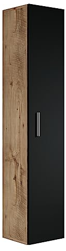 Badezimmer Badschrank Pluto 150cm Eiche Kastanie mit mat Schwarz - Regal Schrank Hochschrank Schrank Möbel