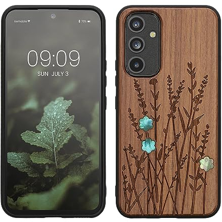 kwmobile Hülle kompatibel mit Samsung Galaxy A54 5G Hülle - Holz Case - Handy Cover - TPU Handyhülle in Dunkelbraun Perlmutt-Lavendel