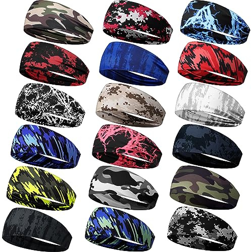 Wavyknot Sport-Schweißbänder für Herren und Damen, Camouflage-Stirnbänder, Workout, rutschfeste Stirnbänder, atmungsaktiv, Fitness, dehnbar, Unisex, Haarband für Yoga, Laufen, Radfahren, Ball, 18