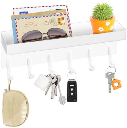 VIS'V Portachiavi da parete, piccolo portachiavi in metallo con vassoio, portachiavi stretto con mensola, adesivo compatto, con 6 ganci per chiavi, per ingresso, porta, corridoio, 2 opzioni di