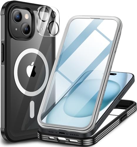 CENHUFO Compatible with iPhone 15 Case Built-in Glass Screen Protector with Camera Lens Protector, 360°Full Body Heavy Duty Protective Phone Case for iPhone 15 Case Shockproof -Black