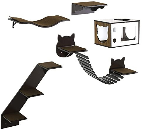 PawHut 5 Piece Cat Wall Shelves, Wall-Mounted Cat Tree for Indoor Use, with Curved Platform, Cat House, Bridge, Stairs, Perch - Brown