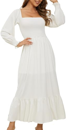 Laterne Langarm Elegantes Weiß Kleid Damen Festlich Lang Maxikleid Damen A-Linie Geraffter Saum Cocktailkleid Abschlussballkleider Umstandskleid Off-Shoulder Jerseykleid mit Plissee-Details(Weiß,M)